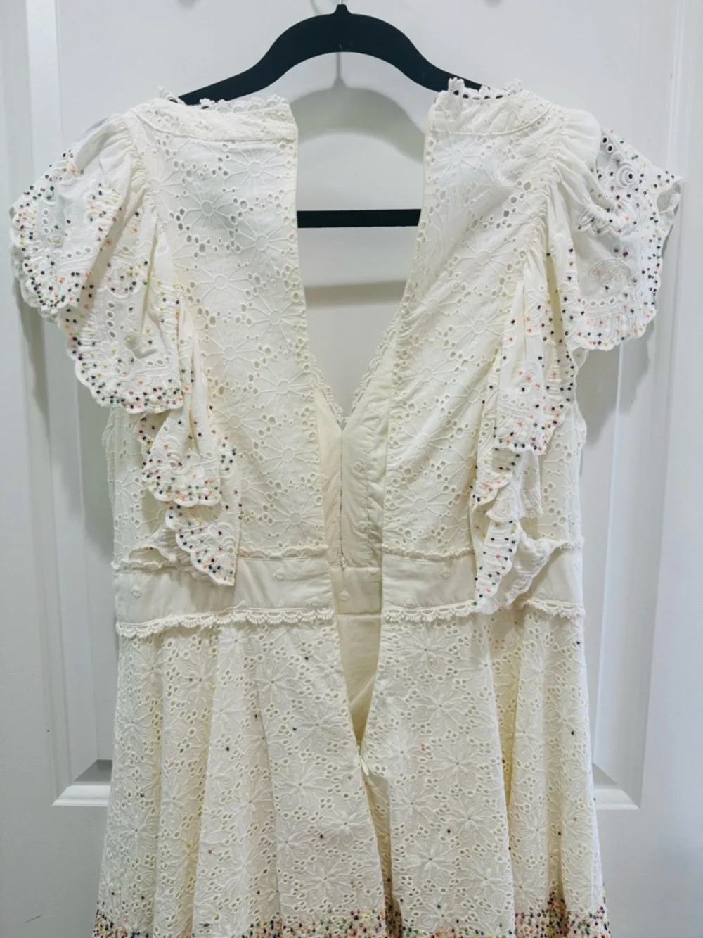 FARM Rio Ivory Eyelet Ruffle V-Neck Dress with Multicolor Beaded Dots - Picture 12 of 16